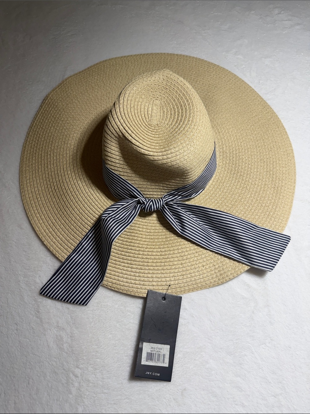 Jones New York Wide Brim Straw Sun Hat with Navy-White Stripe Band
